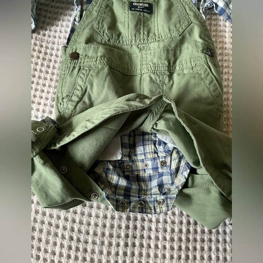 NWOT 2 piece set Oshkosh Overalls + Button Down bodysuit shirt, 18 mo, MSRP $70